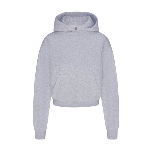 COTTON FLEECE CROPPED HOODIE WITH EMBOSSED LOGO | HEATHER GREY