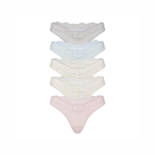FITS EVERYBODY LACE DIPPED THONG 5-PACK | IVORY PEARL BOW MULTI