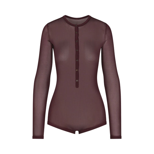 SLINKY KNIT BUTTON UP HENLEY ONESIE | CURRANT