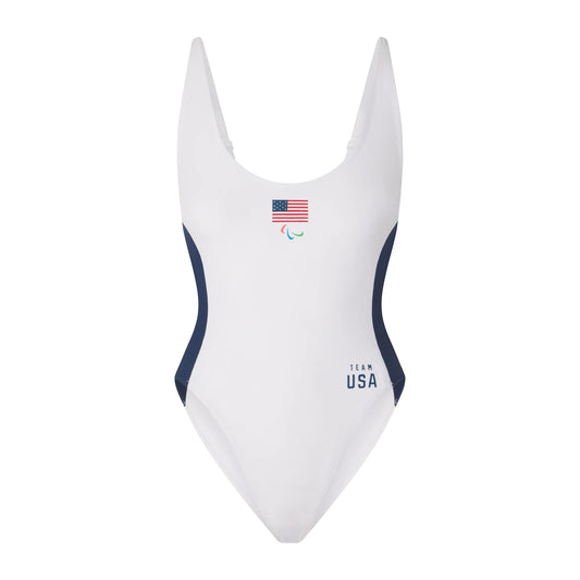 SKIMS FOR TEAM USA SIGNATURE SWIM PARALYMPIC SCOOP NECK ONE PIECE | WHITE