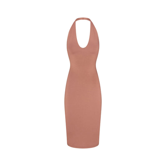SMOOTH LAYERS PLUNGE HALTER MIDI DRESS | NUTMEG