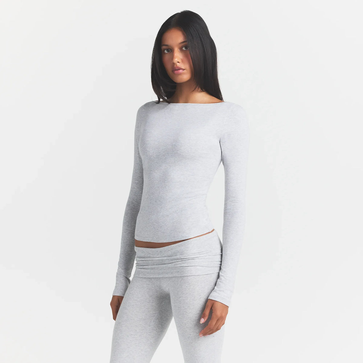 COTTON JERSEY LONG SLEEVE BOATNECK TOP | LIGHT HEATHER GREY