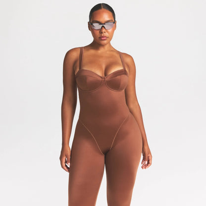 NikeSKIMS SATIN SHINE PANELED 26" ONE PIECE | CAROB BROWN