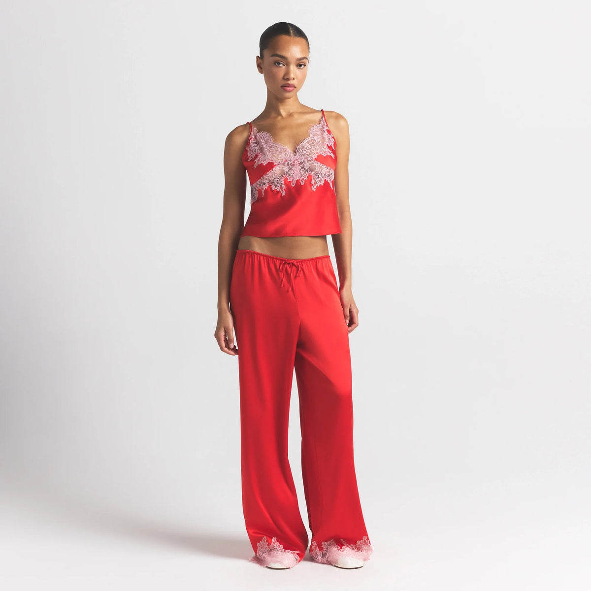 SILK LACE STRAIGHT LEG PANT | RUBY CONTRAST
