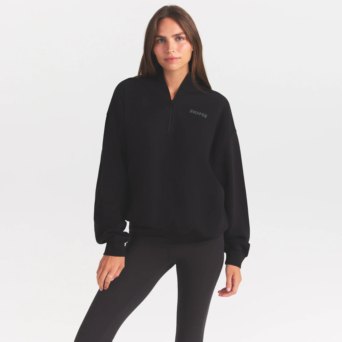 COTTON FLEECE MOCK NECK QUARTER ZIP WITH EMBOSSED LOGO | ONYX