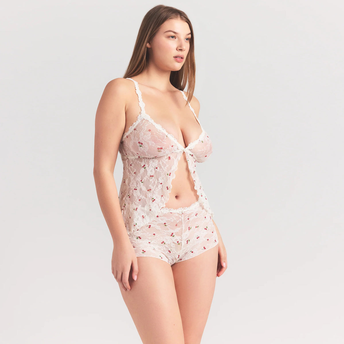 STRETCH LACE BABYDOLL TOP | IVORY CHERRY PRINT