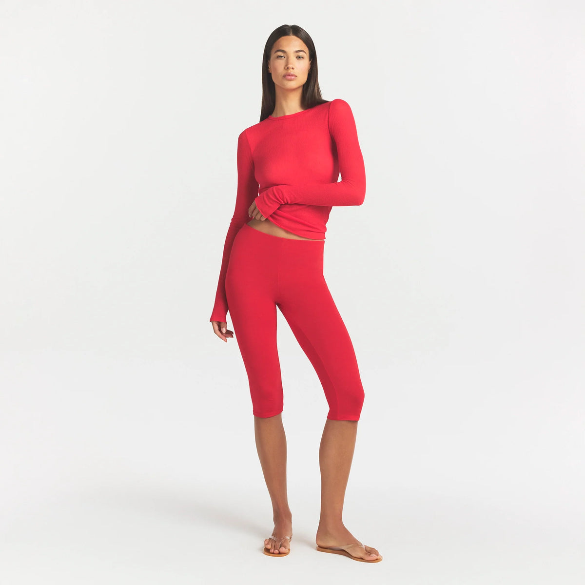 SHEER RIB LONG SLEEVE TOP | CARMINE