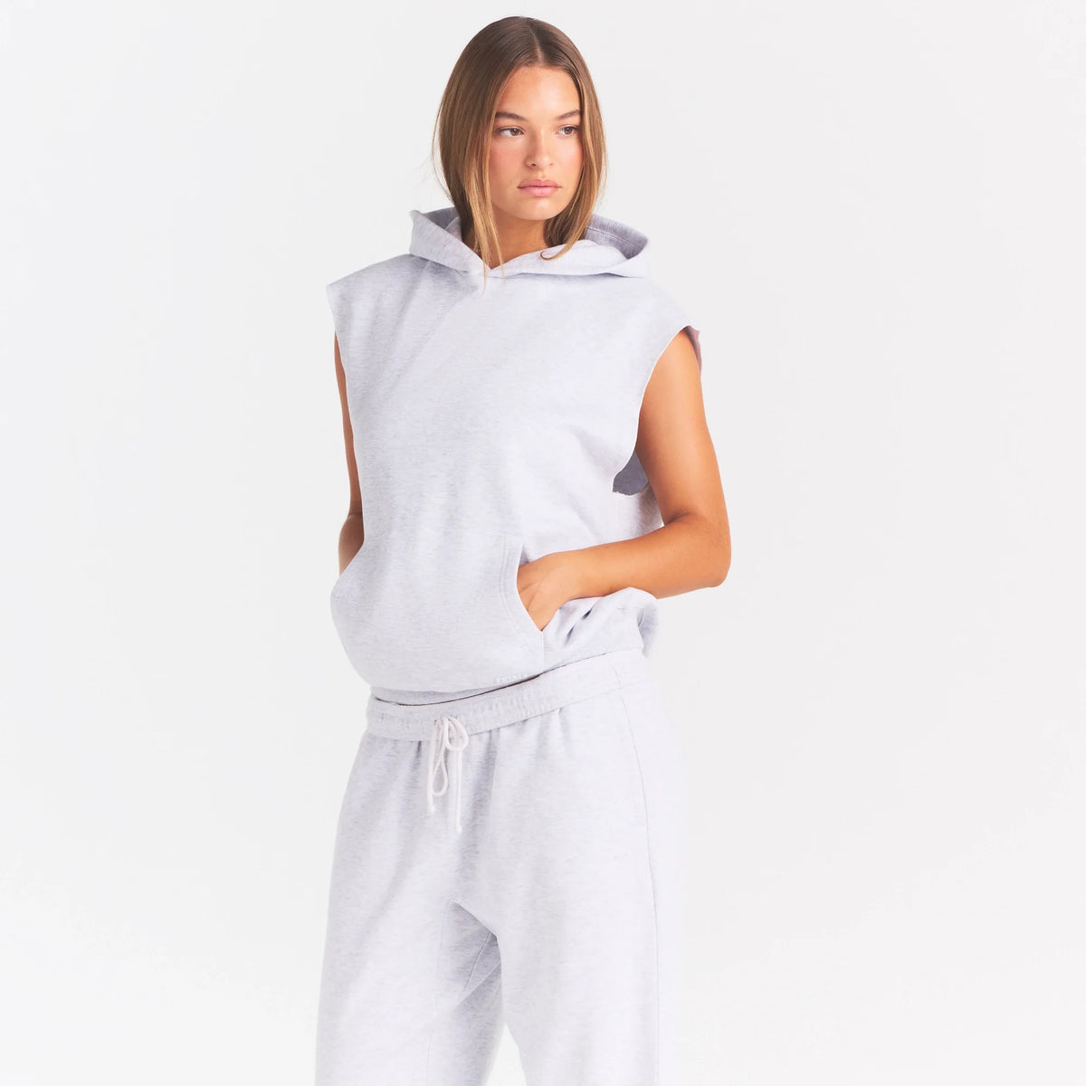 COTTON FLEECE OVERSIZED SLEEVELESS HOODIE | LIGHT HEATHER GREY