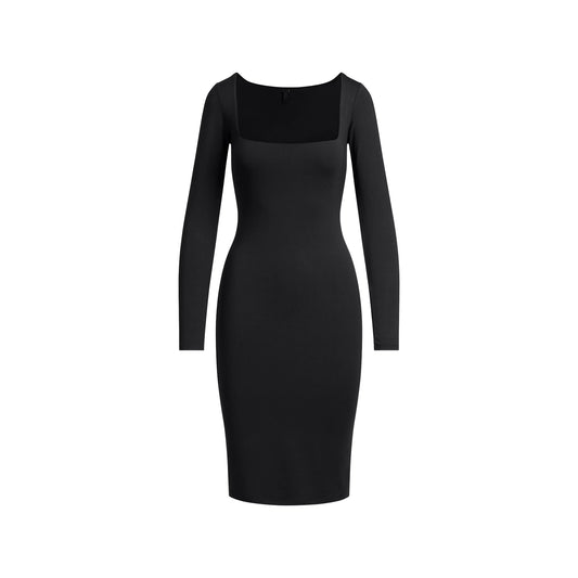 SMOOTH LAYERS SQUARE NECK MIDI DRESS | OBSIDIAN