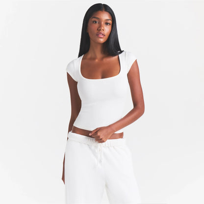 COTTON JERSEY SCOOP NECK T-SHIRT | MARBLE