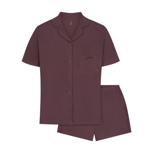 SKIMS SLEEP SHORT SLEEVE BUTTON UP SET | RAISIN