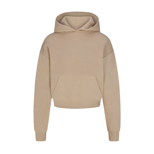 COTTON FLEECE CROPPED HOODIE WITH EMBOSSED LOGO | LATTE