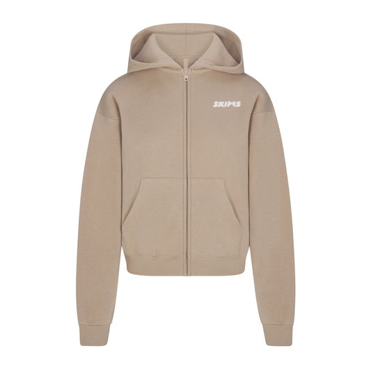 COTTON FLEECE ZIP UP HOODIE WITH EMBOSSED LOGO | LATTE
