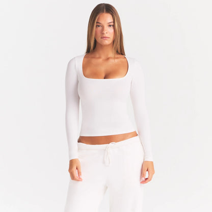 COTTON JERSEY SCOOP NECK LONG SLEEVE TOP | MARBLE