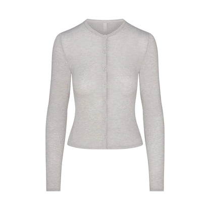 SHEER MODAL CARDIGAN WITH COVERED BUTTONS | HEATHER GREY