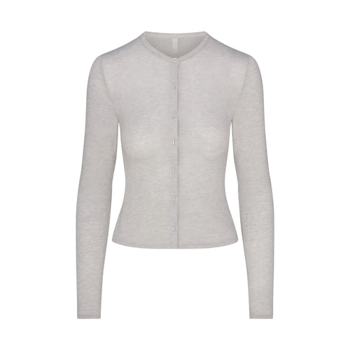SHEER MODAL CARDIGAN WITH COVERED BUTTONS | HEATHER GREY