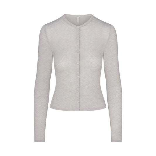 SHEER MODAL CARDIGAN WITH COVERED BUTTONS | HEATHER GREY