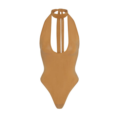 CUPRO JERSEY HALTER BODYSUIT | ALMOND