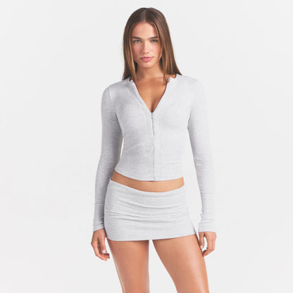 COTTON RIB ZIP UP TOP | LIGHT HEATHER GREY