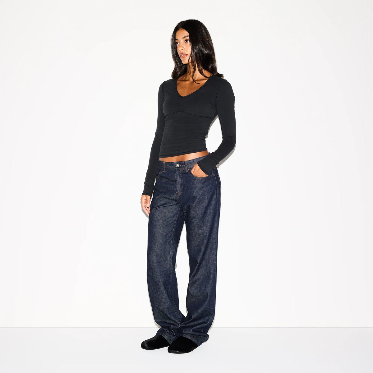 COTTON JERSEY SHIRRED BUST LONG SLEEVE | SOOT