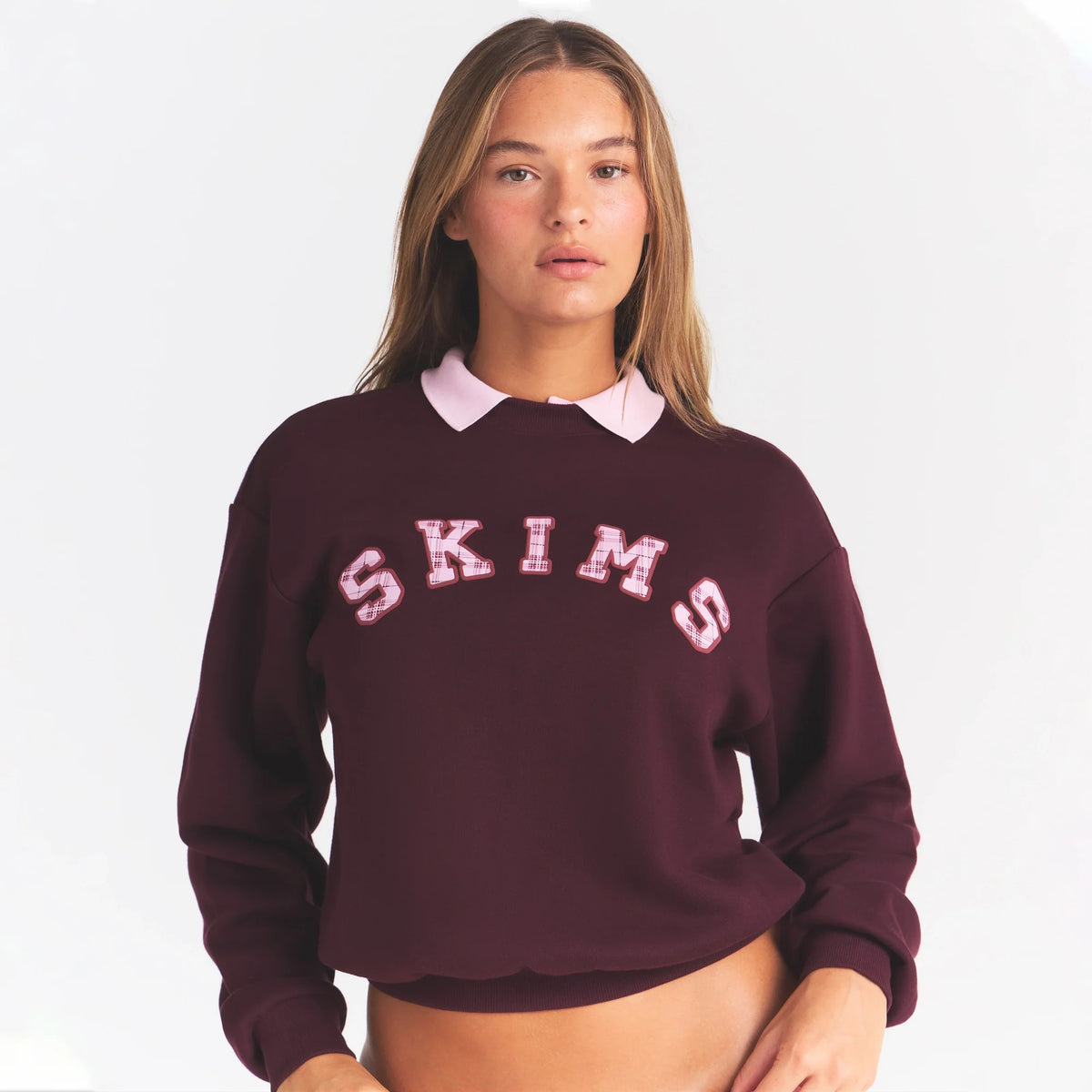 COTTON FLEECE CREWNECK | CURRANT ARCHED SKIMS PLAID