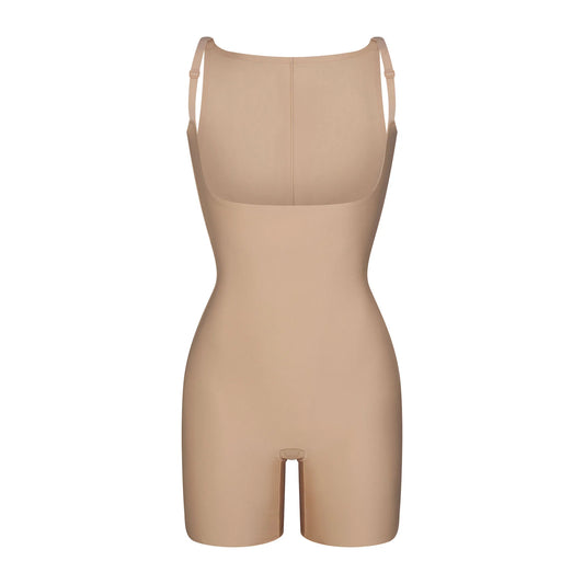 SKIMS BODY CORE SCULPT BACK SMOOTHING OPEN BUST MID THIGH BODYSUIT | CLAY