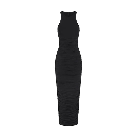 CUPRO JERSEY RUCHED LONG DRESS | OBSIDIAN