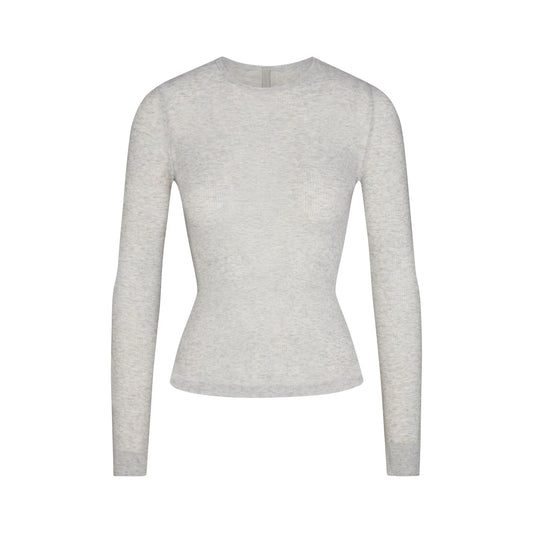 SHEER RIB LONG SLEEVE TOP | LIGHT HEATHER GREY