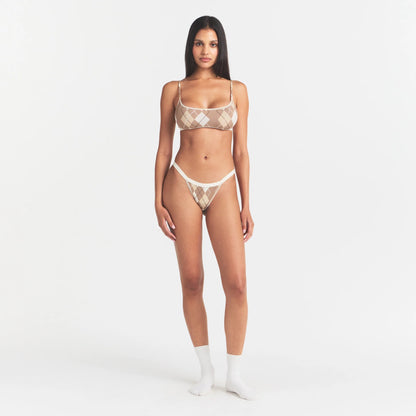 LIGHTWEIGHT COTTON LOGO PICOT STRING BIKINI | CAFE ARGYLE PRINT