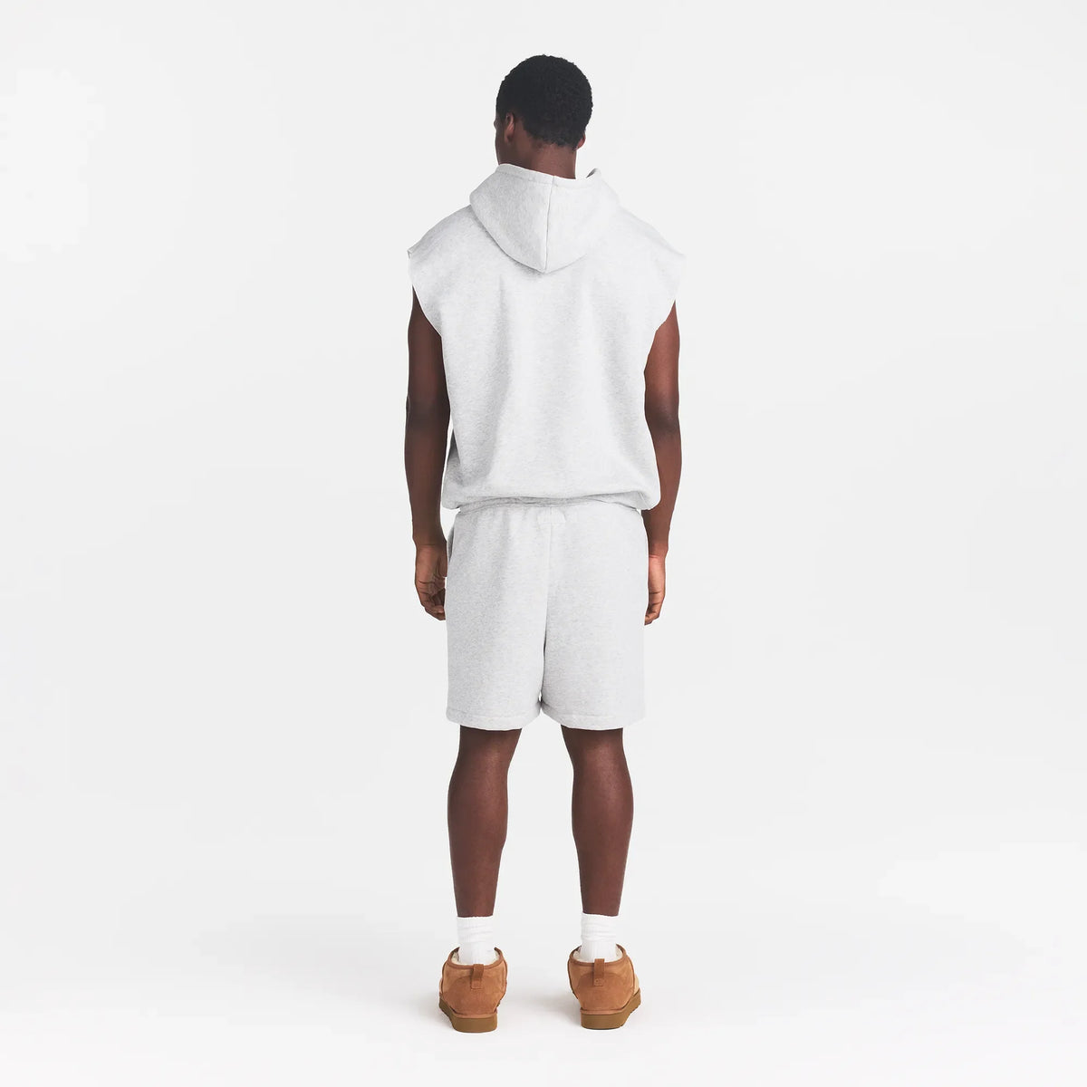 FLEECE LOUNGE MENS SLEEVELESS HOODIE | LIGHT HEATHER GREY