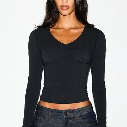 COTTON JERSEY SHIRRED BUST LONG SLEEVE | SOOT