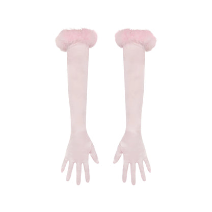 SILK FEATHER TRIM GLOVES | CHERRY BLOSSOM