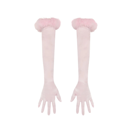 SILK FEATHER TRIM GLOVES | CHERRY BLOSSOM