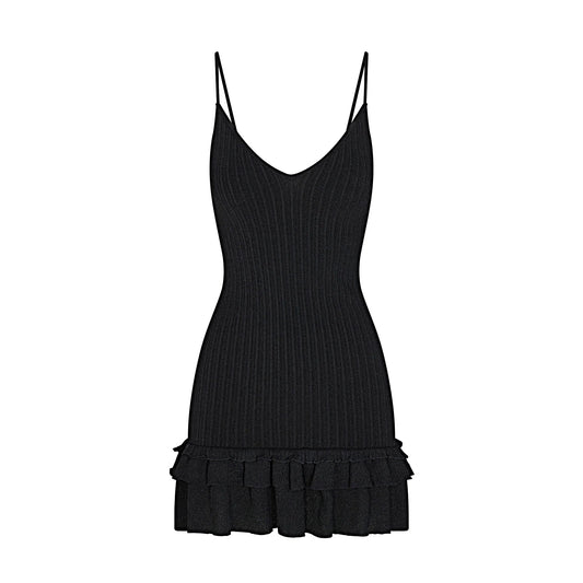 SHEER KNIT RUFFLE DRESS | ONYX