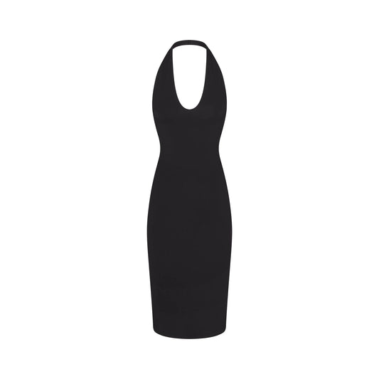 SMOOTH LAYERS PLUNGE HALTER MIDI DRESS | OBSIDIAN
