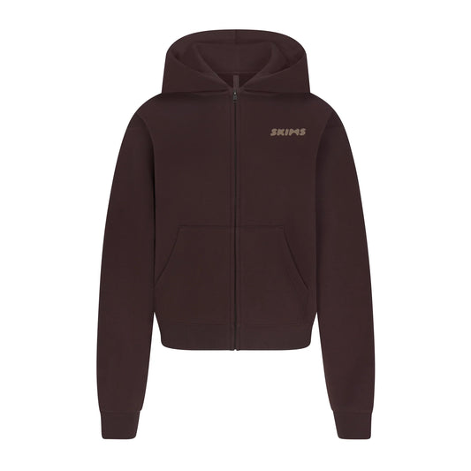 COTTON FLEECE ZIP UP HOODIE WITH EMBOSSED LOGO | ESPRESSO