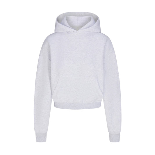 COTTON FLEECE CROPPED HOODIE WITH EMBOSSED LOGO | LIGHT HEATHER GREY
