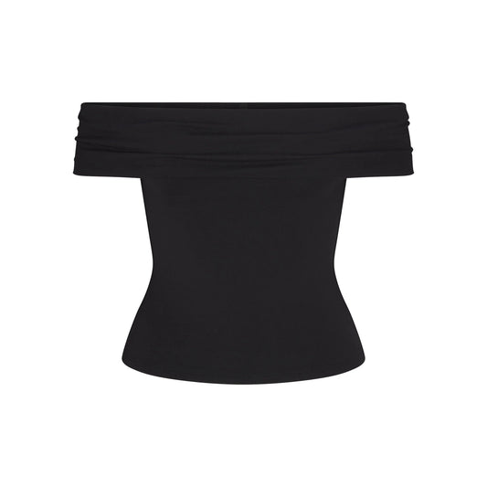 SMOOTH LAYERS ASYMMETRICAL OFF THE SHOULDER TOP | OBSIDIAN