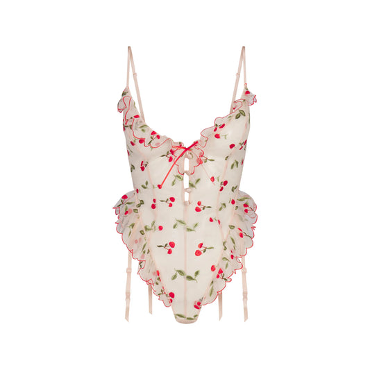 EMBROIDERED TULLE GARTER TEDDY | PRIMROSE CHERRY TULLE