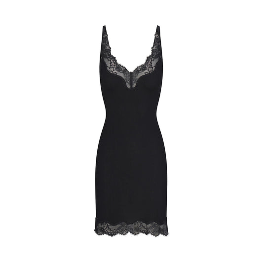 RIB KNIT LACE MINI DRESS | OBSIDIAN