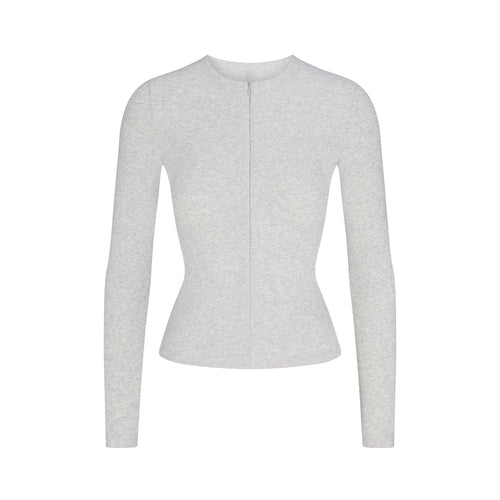 COTTON RIB ZIP UP TOP | LIGHT HEATHER GREY