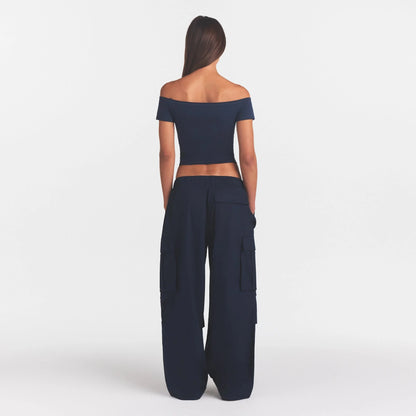 WOVEN COTTON OVERSIZED LOW RISE CARGO PANT | NAVY