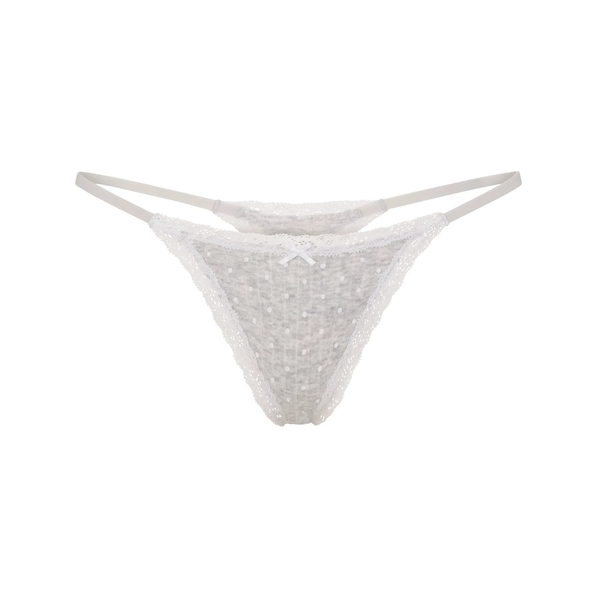 LIGHTWEIGHT COTTON POINTELLE LACE STRING THONG | LIGHT HEATHER GREY PIN DOT