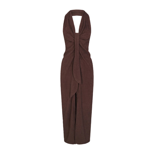 TERRY COVER-UPS DEEP PLUNGE HALTER WRAP DRESS | DARK SEPIA