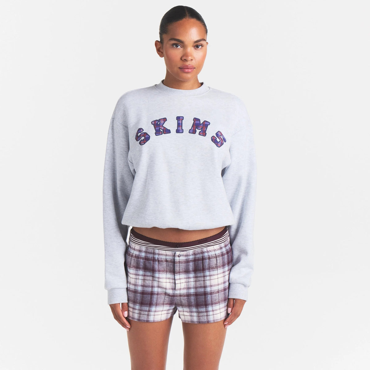 COTTON FLEECE CREWNECK | LIGHT HEATHER GREY ARCHED SKIMS PLAID