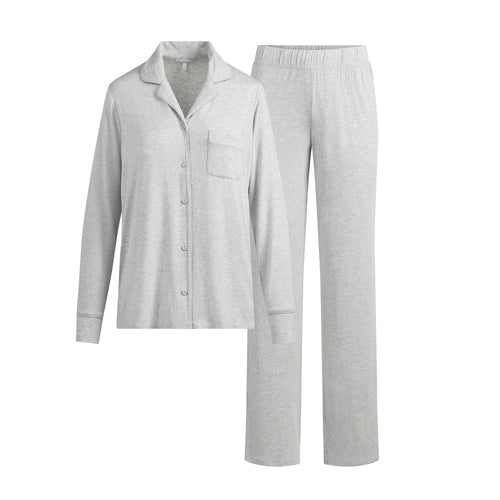 SKIMS SLEEP LONG SLEEVE BUTTON UP SET | LIGHT HEATHER GREY
