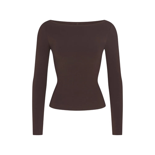 COTTON JERSEY LONG SLEEVE BOATNECK TOP | ESPRESSO