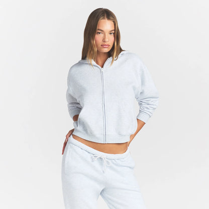 COTTON FLEECE ZIP UP HOODIE | LIGHT HEATHER GREY