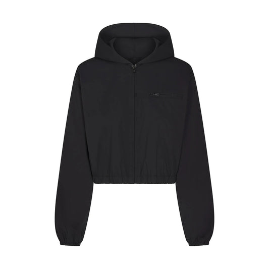 WOVEN COTTON CROPPED ZIP UP JACKET | ONYX
