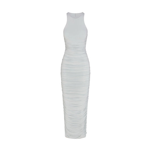 CUPRO JERSEY RUCHED LONG DRESS | PEARL